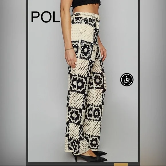 12. NWOT POL Stylish Black and Cream Crochet Pants - Picture 3 of 7